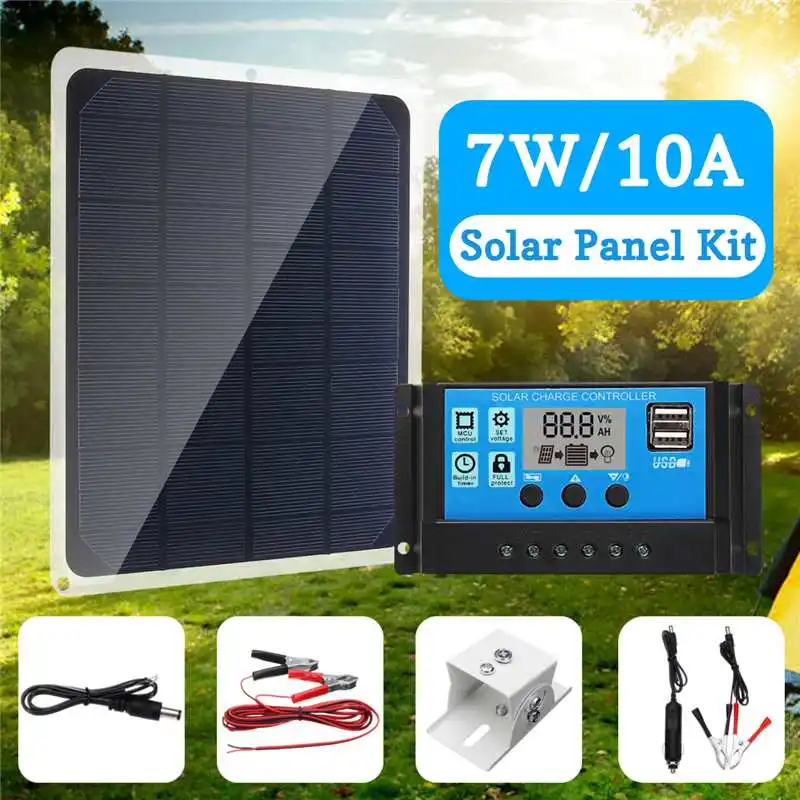 

2019Newest Outdoor Solar Panel 7W 12V/5V Portable Solar cell Emergency Power Supply Solar Generator USB+10A Solar Controller ect