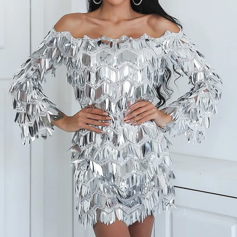 

Slaygirl Off Shoulder Sequin Party Dresses Women Sexy Backless Mini Summer Dress Elegant Slash Neck Dress 2018 Vestidos Bodycon