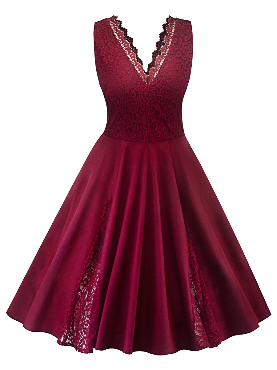 

red vintage dress for women summer lace patchwork sleeveless V neck sexy elegant evening party summer retro elegant flared dress