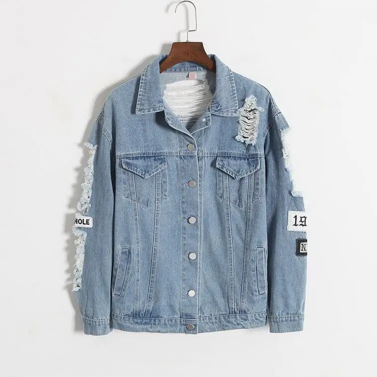 Fashion light blue hole denim jacket women korea retro letter print bomber jacket female ripped distressed cowboy coat plus size