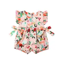 Боди без рукавов с рюшами и цветочным принтом для маленьких девочек; комбинезон; летняя одежда; Размеры 0-24 месяцев