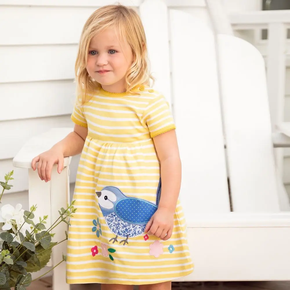 

2019 girls summer dress Bird's printed striped princess dress sunny solid cotton kids dresses for girls 2-7T party Robe Fille