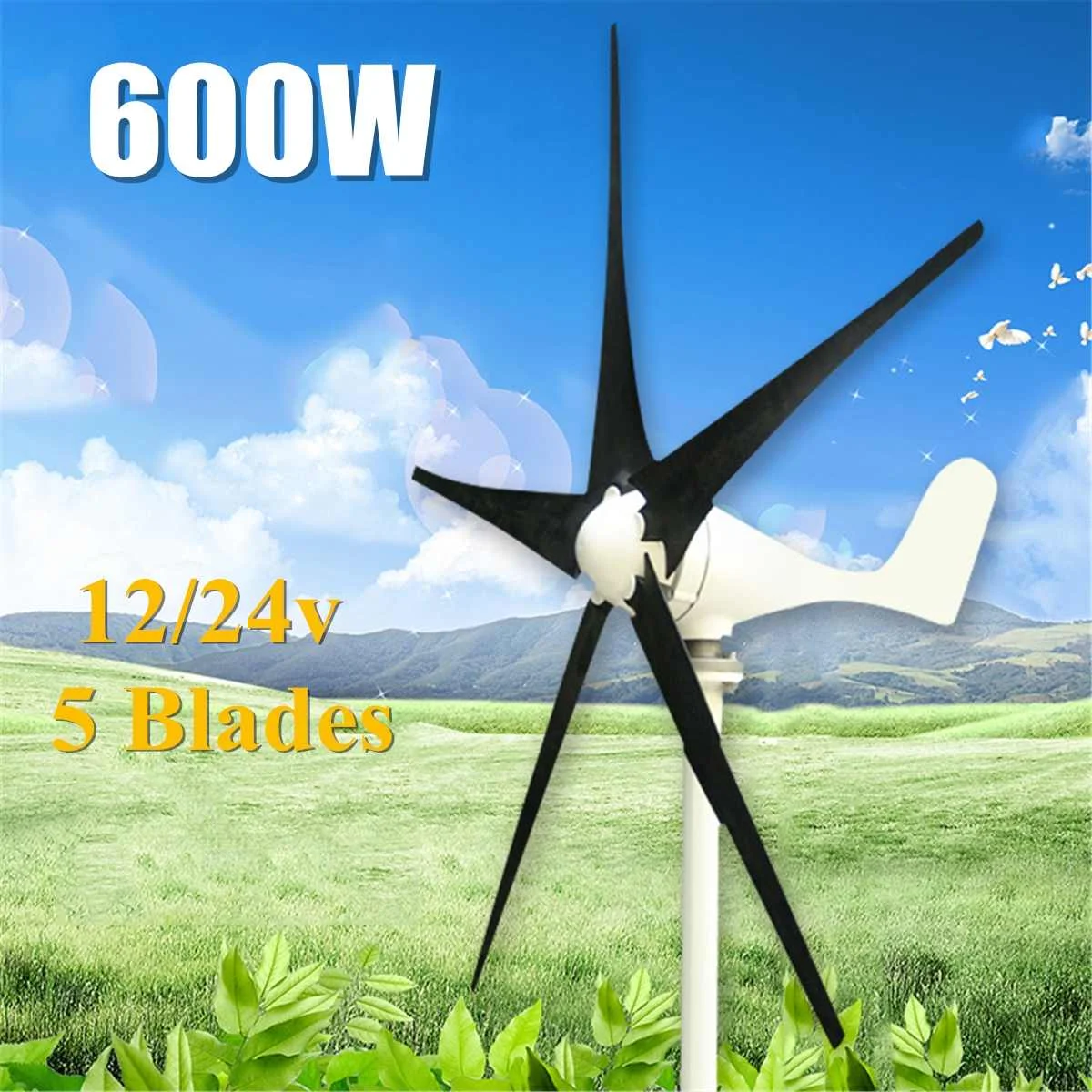 

Max 600W DC 12V/24V Wind T urbine Generator 5 Blades + windmill Charge Controller Residential Household Generator Outdoor U