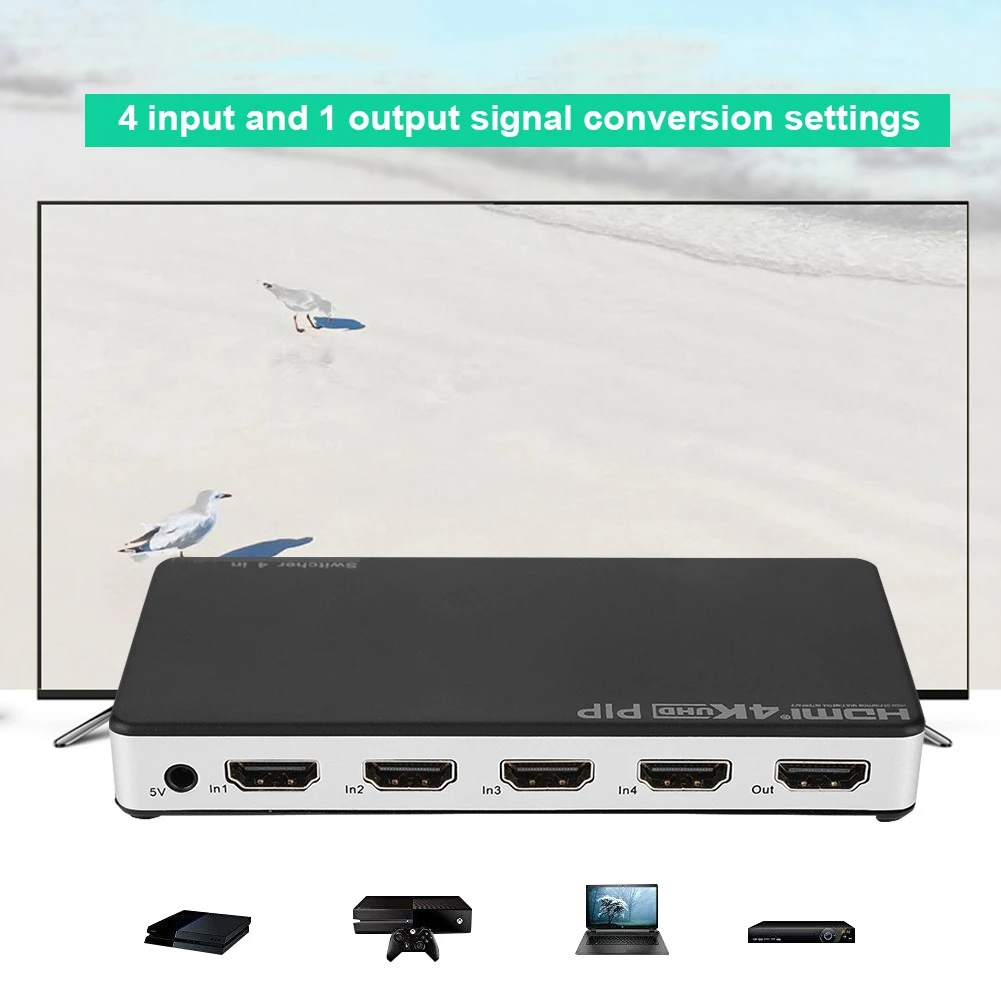 

4-Port 4K * 2K HDMI Switch Switcher Splitter Selector IR Remote Control 100V-240V 3D video 1 main painting and 3 paintings