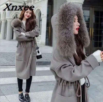 

Women long double woolen coat long sleeve loose overcoat with hooded outerwear female winter autumn trench coats plus size Xnxee