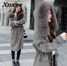 Women long double woolen coat long sleeve loose overcoat with hooded outerwear female winter autumn trench coats plus size Xnxee floral trench coat women autumn and winter fashion runway plus size vintage royal embroidery lady woolen overcoat female m 4xl