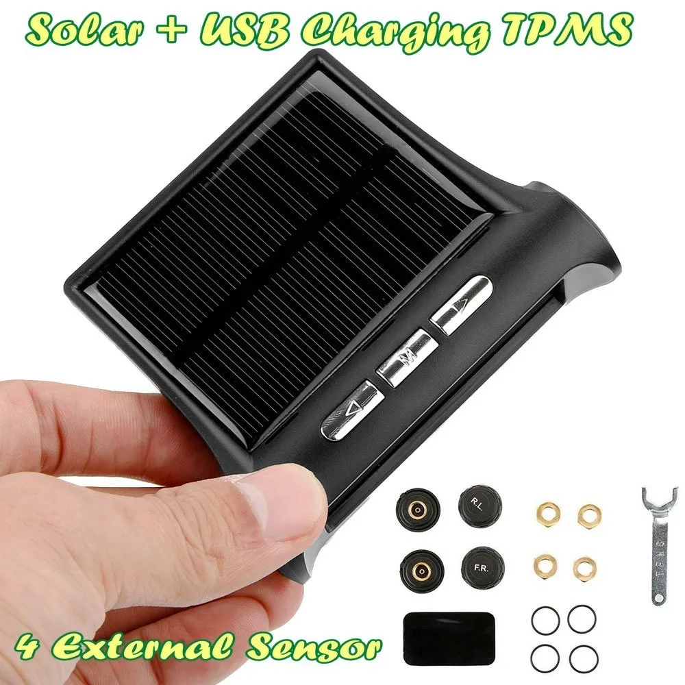 

Solar USB TPMS Tire Pressure Monitoring System With 4 External Sensor Digital LCD Display Auto Security Alarm Wireless Realtime