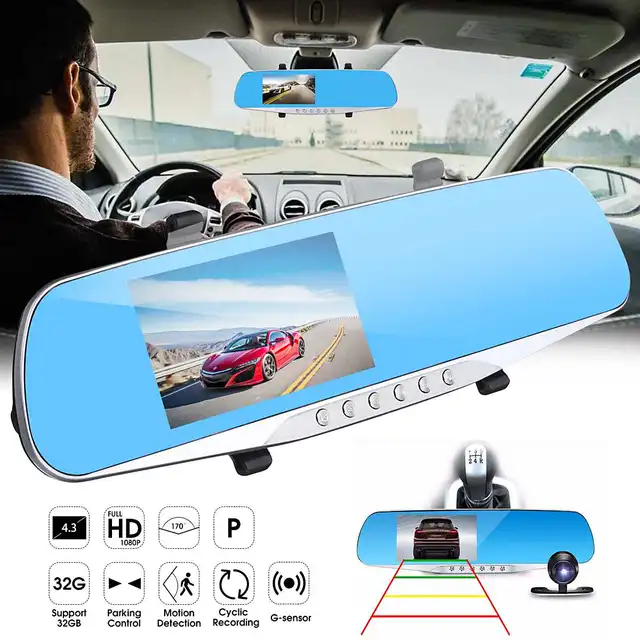 Best Value 4.3 Inch Dual Lens Car DVR Camera Blue Rearview Mirror Camcorder Video Recorder Auto Registrator Dash Cam Night Vision