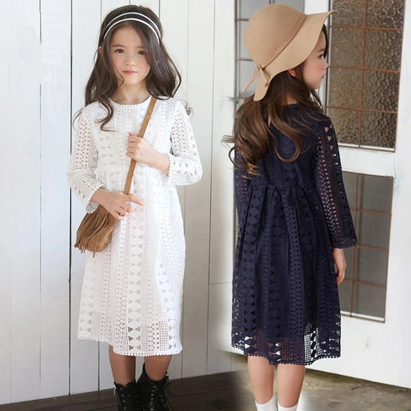 

Kids Princess Lace Dress Teens Girls 12 13 14 15 Years Long Sleeve Lace Dress White Dress Dark Blue Dress in Fall Winter