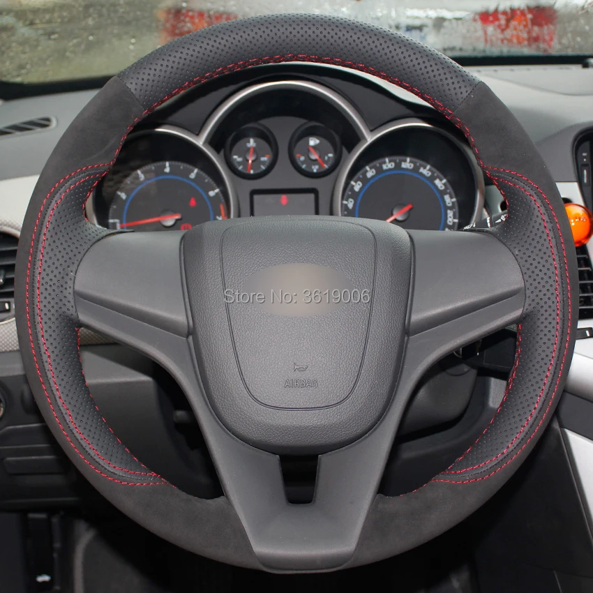 

DIY Steering Wheel Cover Black Suede Black Leather Hand Sewing For Chevrolet Cruze Aveo