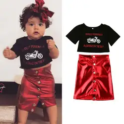 Новинка 2019 года, комплект одежды для девочки преддошкольного возраста, летняя одежда черная футболка + красные юбки детские костюмы для