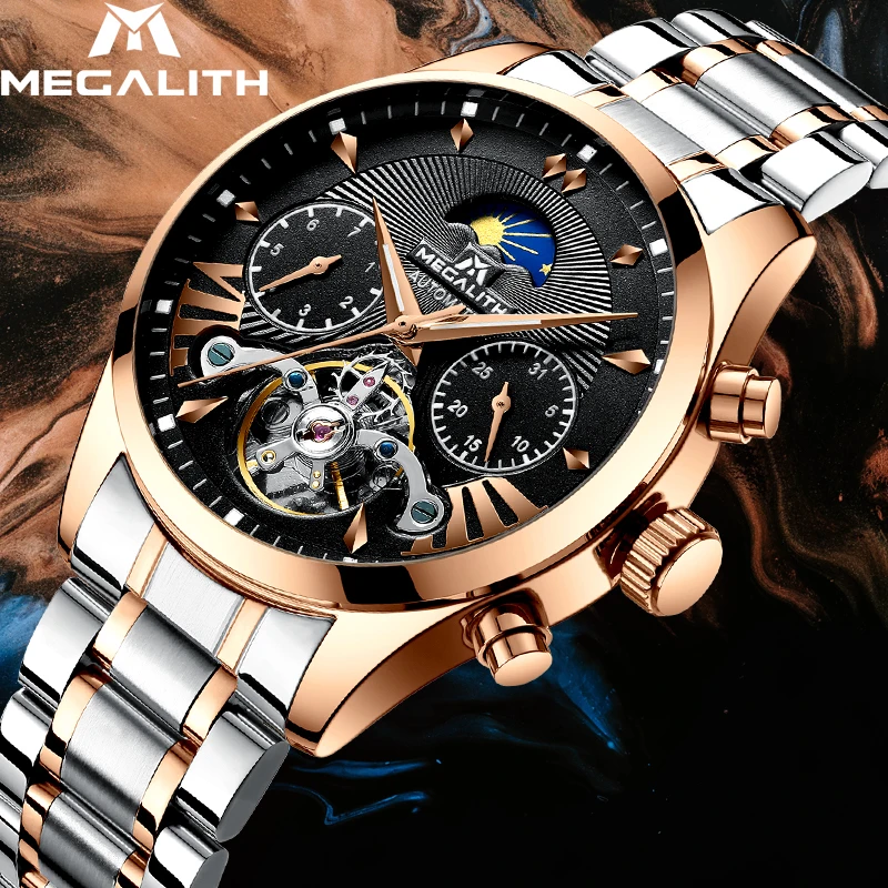 MEGALITH Роскошные мужские часы Tourbillon автоматические механические часы для мужчин водостойкий светящаяся Дата часы для мужчин Спорт