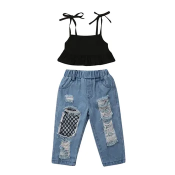 

2PCS Toddler Baby Girl Clothes Strap Crop Tops Shirt T-shirt Long Destroyed Jeans Pants Boutique Lace-up Hollow Out Clothes 1-6T