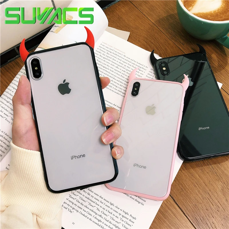 

SUYACS Cute Personalize Devil Horn Case For iPhone XR XS Max For iPhone 7 8 6 Plus Soft Acrylic Screen USB Protector Phone Cover
