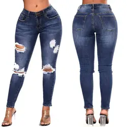 Женские джинсы эластичный отверстие ковбойские связаны ноги карандаш брюки новый Autumn2018 Для женщин темно-синий тонкий Высокая Талия плотно