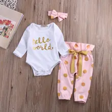 Комплект одежды из 3 предметов для новорожденных девочек, комбинезон с длинными рукавами+ штаны+ повязка на голову