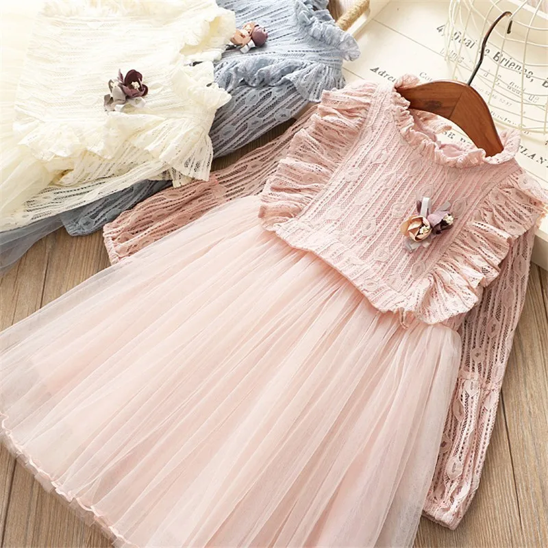 Весеннее кружевное платье для девочек; Модное бальное платье с оборками для девочек; вечерние Детские платья принцессы с длинными рукавами; Одежда для девочек