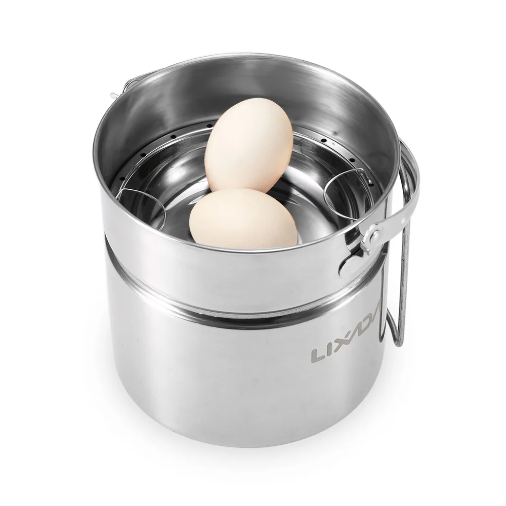 

Lixada Stainless Steel Camping Pot Bail Handle Hanging Pot with Lid & Steaming Dish Foldable Handle Outdoor Tableware Cookware