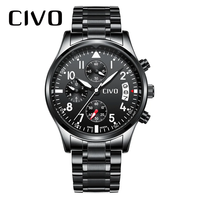 

CIVO Fashion Waterproof Analogue Watches Gents Date Calendar Black Stainless Steel Quartz Watch Men Military Sports Watch Men