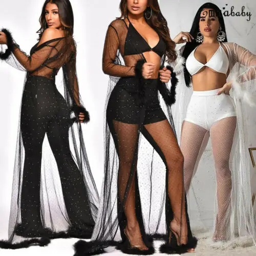 

Sexy Bling Lingerie Dress Women Feather Babydolls Underwear See Through Cardigan Long Sleeve Loose Mesh Long Shirt