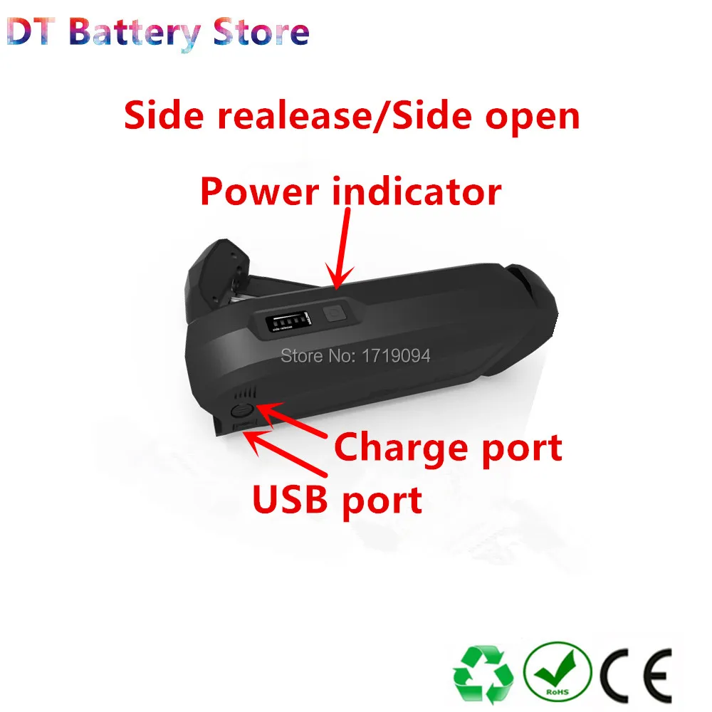 Discount Free shipping hailong 2 side release open shark pack Ebike battery 36v 48v 8.7ah 9.6ah 10ah 10.4ah 11.6ah 12.8ah 14ah with USB 1