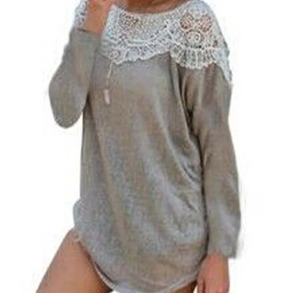 

Spring Women Blouse Long Sleeve Lace O-Neck Casual Shirts Ladies Loose Shirt Harajuku Lace Sweat Tops Pullover Grey Blouse Hot