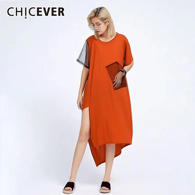 

CHICEVER Summer Casual Patchwork Mesh Pockets Women Dress O Neck Short Sleeve Split Hem Knee Length Loose Asymmetrical Dresses