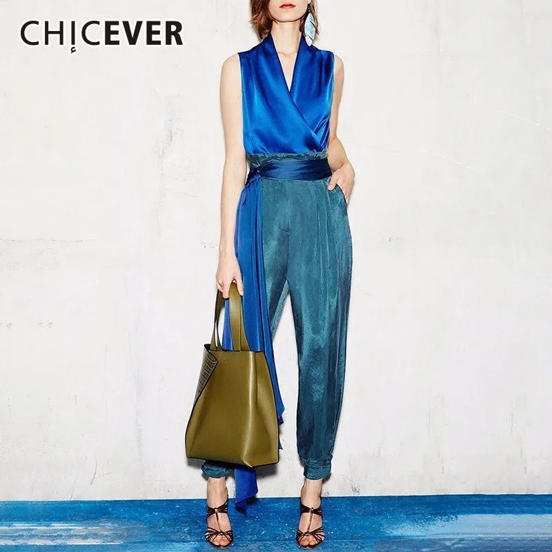 

CHICEVER Women's Suits Two Piece Set V Neck Sleeveless Slim Tops Female Lace Up High Waist Harem Pants Fashion Elegant Clothes
