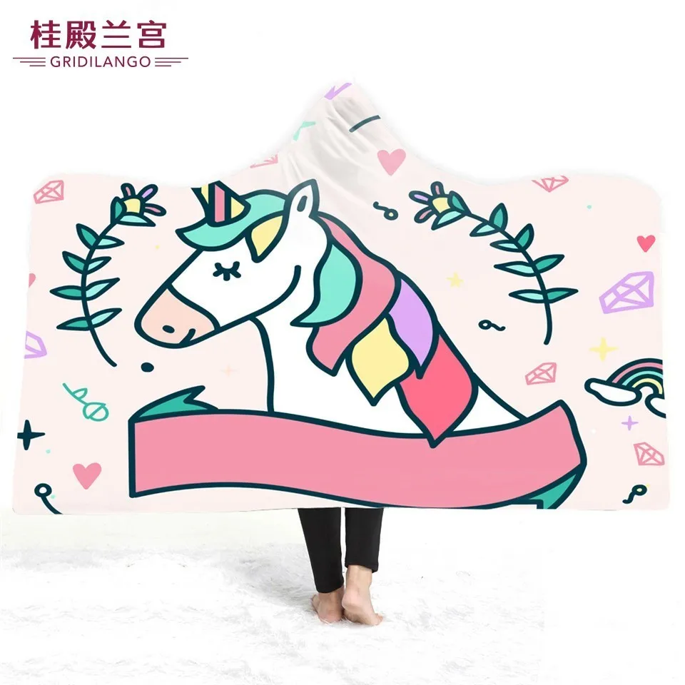 

GRIDILANGO Lovely Unicorn Pattern Hooded Throw Blanket Printing Cartoon Animation Home For Kids Wearable Blankets Holiday Gift