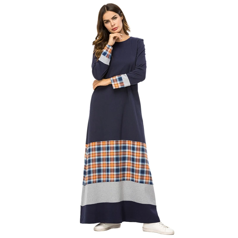 

Women Plaid Patchwork Long Dress Elegant Long Sleeve Round Neck Dress Urban Casual T Shirt Dress Middle East Arab Islamic Musl