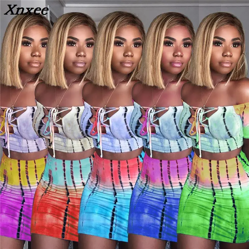 

2018 sexy casual tracksuit women 2 piece set top+short skirt print bandage ensemble femme 2 pieces pantalon dos piezas Xnxee