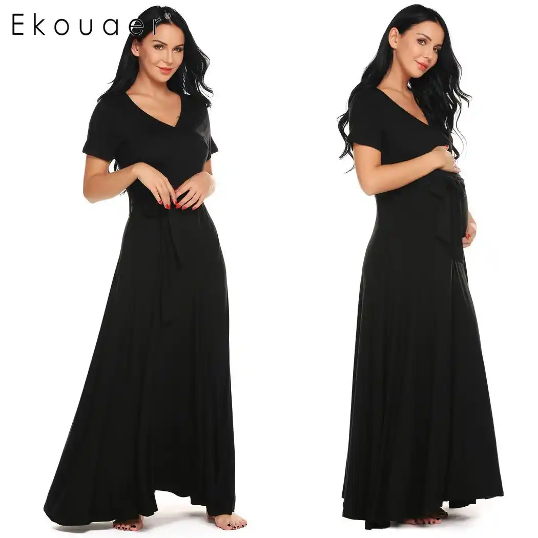 Ekouaer Women Long Nightgown V Neck Sleepwear Short Sleeve Maxi Dress Casual Solid Floor Length Dress Nightwear Night Dress