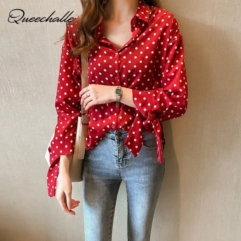 Rouge bleu blanc points en mousseline de soie Blouse été nœuds papillon 3/4 manches col rabattu chemise grande taille femmes Blouse M L XL XXL 3XL 4XL