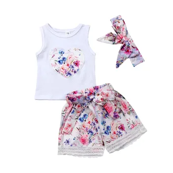 

2019 New Toddler Kids Baby Girls Summer Clothes Floral Tops Shorts Pants 3PCS Outfits