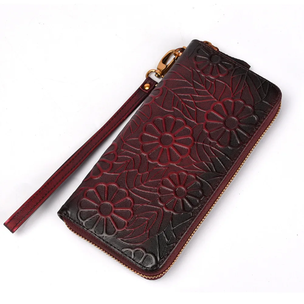 Genuine Leather Wrist Long Purse Multi-Capacity ID/Credit Cards Holder Vintage High Quality Embossed Women Clutch Handy Wallet