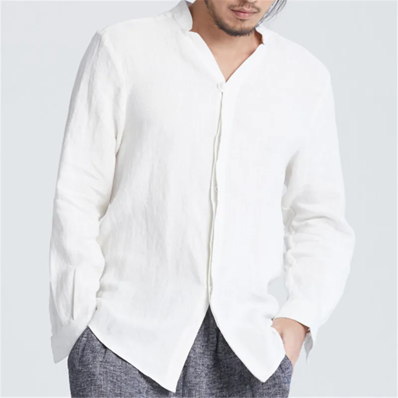 

Men Chinese Kungfu Vintage Shirts Casual Shirts V Neck Button Retro Long Sleeve Shirt Loose Solid Color Camisa Plus Size 2019