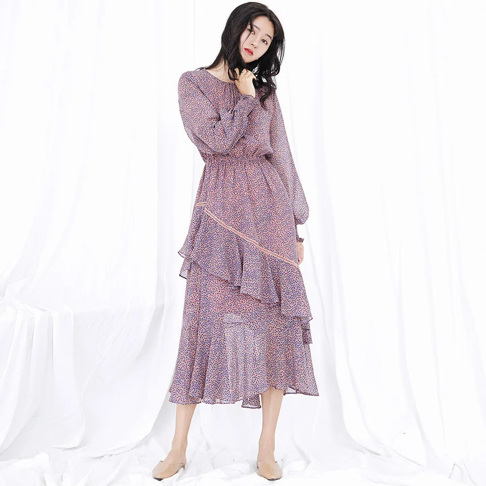 

Long-sleeved dress 2019 autumn and spring Korean women's fashion floral elastic waist ruffled chiffon dress 18686