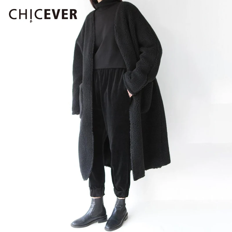 CHICEVER зима овечьей шерсти Viintage Тренч для женщин ветровка толстый бархат теплые