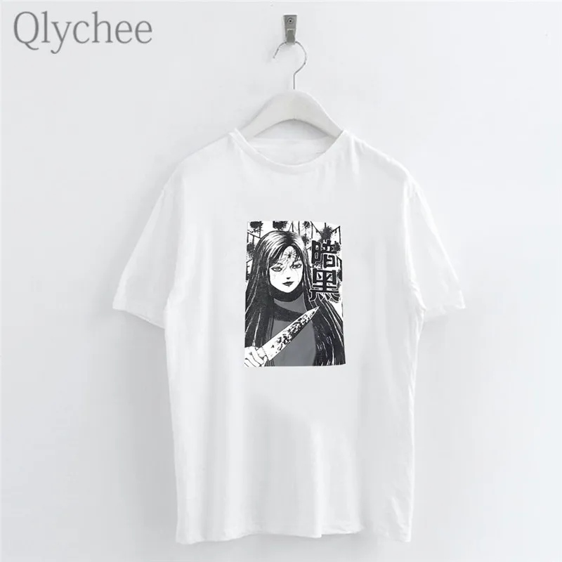 

Qlychee Harajuku Anime Dark Girl Print Women T Shirt Casual Cartoon Crew Neck Short Sleeve Simple White T Shirt Tee Top Female