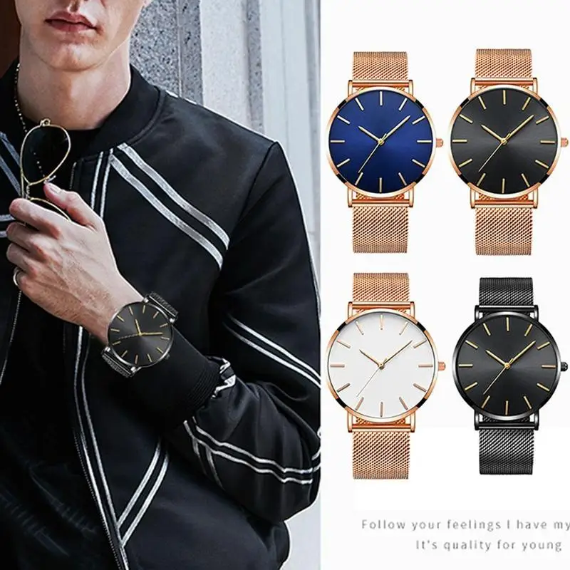 

Elegant Business Men Watches Fashion Sports Round Casual Watch Alloy Mesh Band Analog Wristwatch