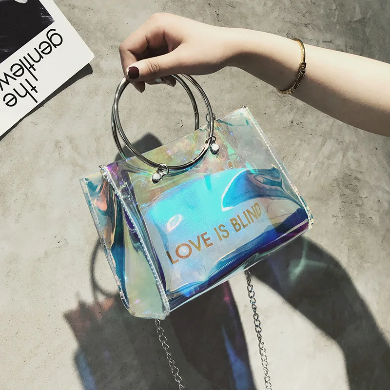 

Korean Version Of The Lady Package Fashion Transparent Laser Chain Jelly Package Hand Shoulder Diagonal 2019 New Women Bag