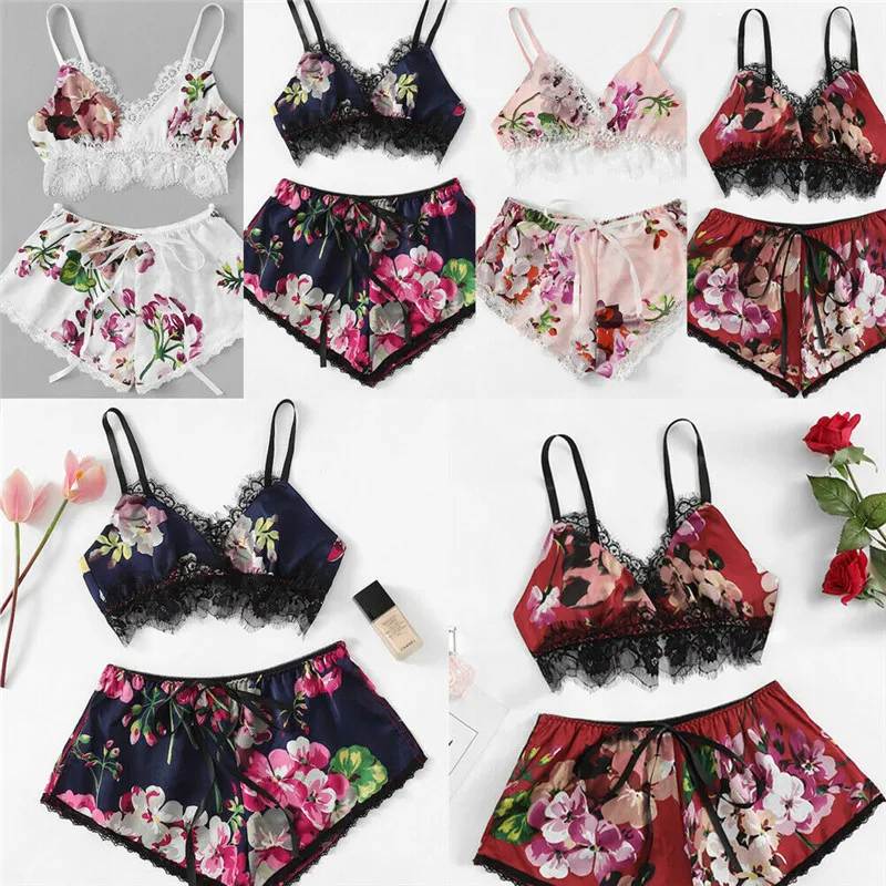 Летний сексуальный цветочный пижамный комплект женский жилет топ шорты