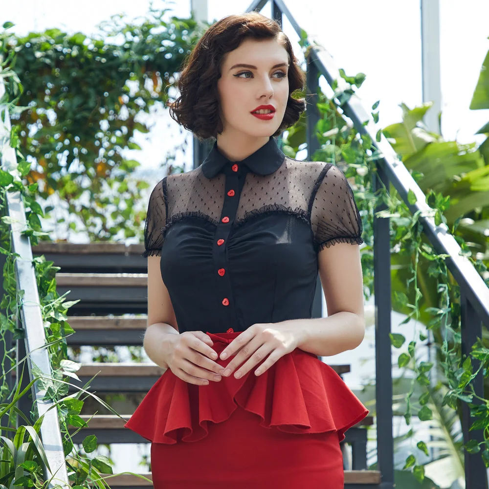

BP Navy Blue/Black Women's Short Sleeve Lapel Collar shirt summer vintage elegant Red Buttons Mesh Fabric Patchwork Tops blouse