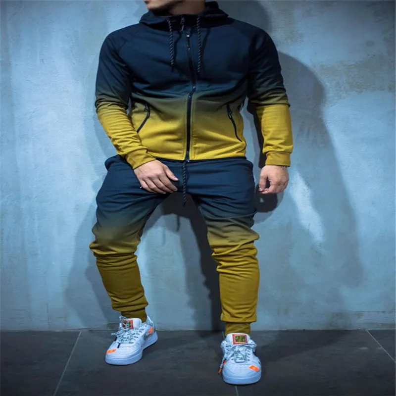 Fashion Men Gradients Tracksuit Clothing Sets Long Sleeve Hoodies + Color Blocking Sweatpants Sports Runing Gym Clothes Set
