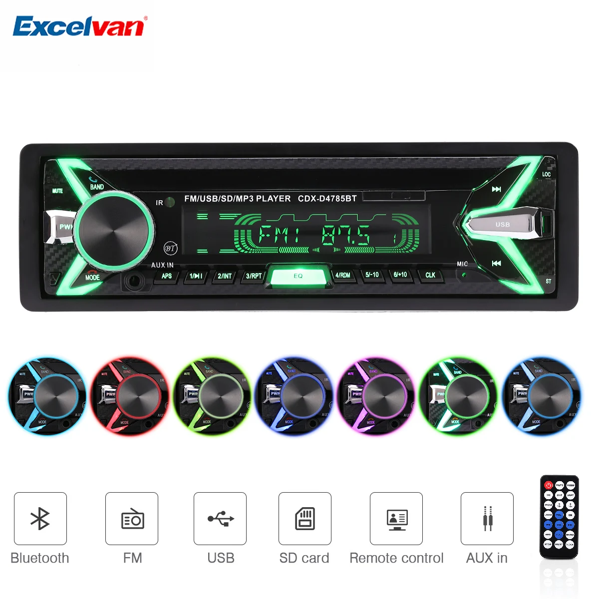 Excelvan 1din Car MP3 Player With Bluetooth Removable Panel Seven Color