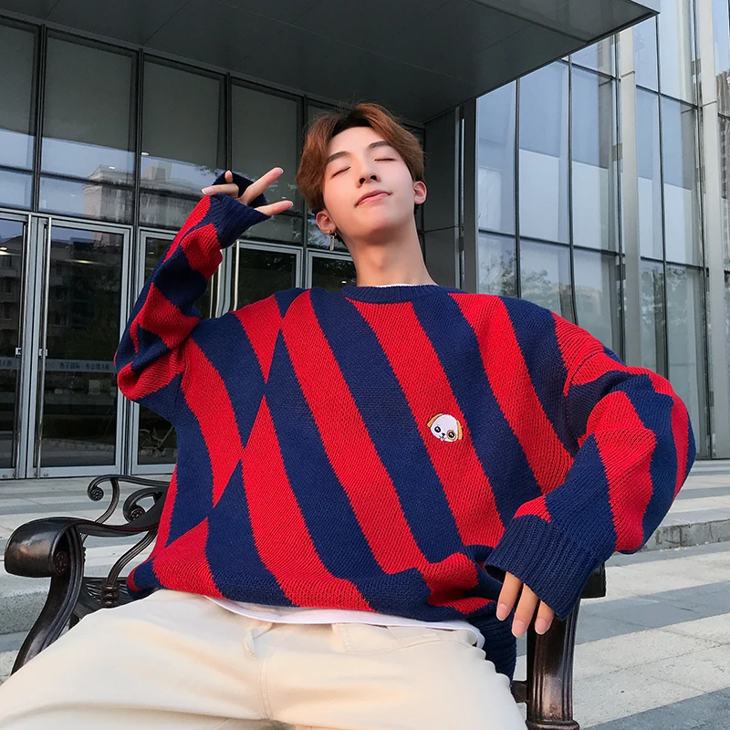 

Men's Sweater 2019 Spring New Round Neck Loose Striped Long-sleeved Sweater Pullover Hong Kong Style Stitching Student Couple
