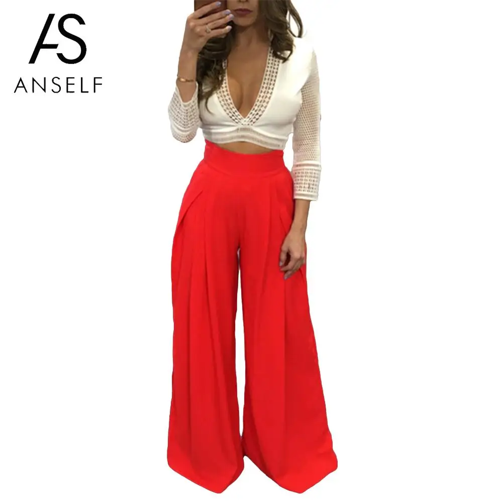 Fashion Women Loose Wide Legs Pants Solid Color High Waist