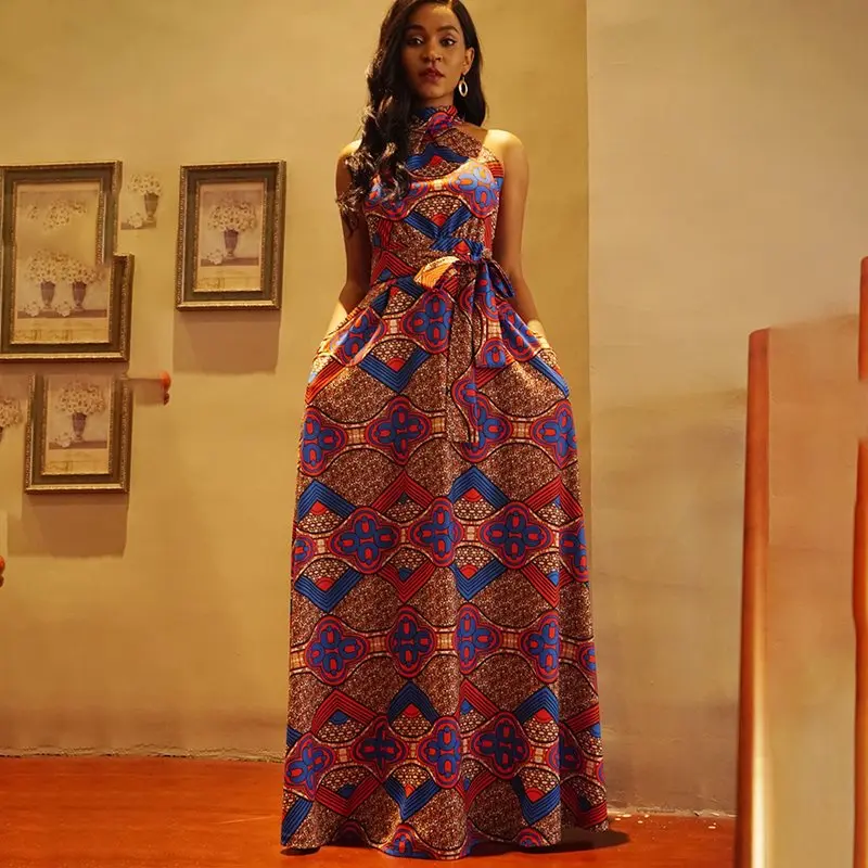 

Summer Party Long Dress Women Halter Sexy Evening Stylish Print Big Swing Robe Elegant Belt High Waist Sleeveless Maxi Dresses