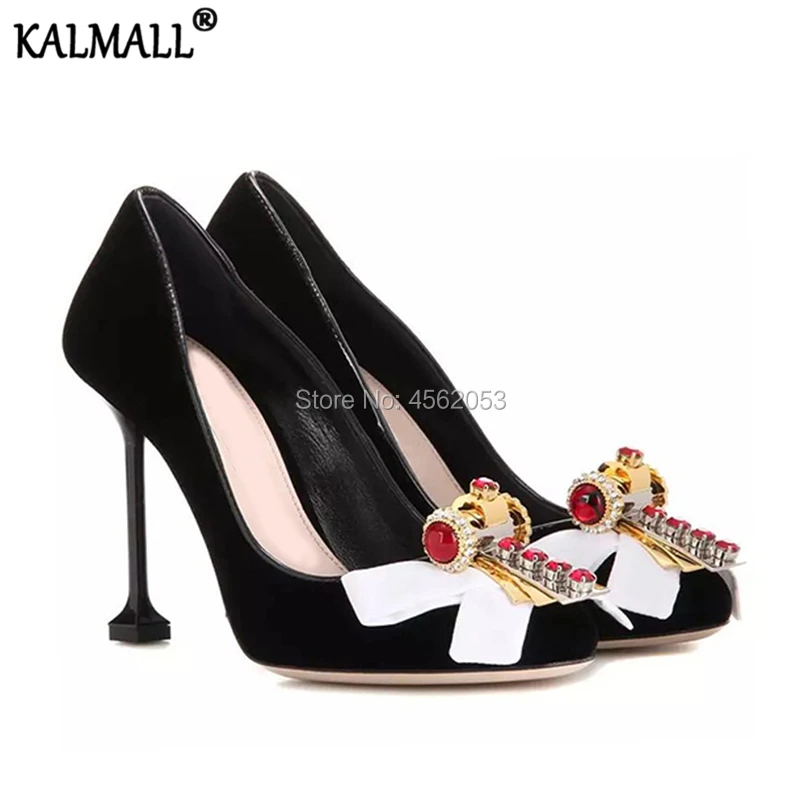 KALMALL New Black Red Velvet Stiletto High Runway Shoes Female Bowknot Crystal Pumps Round Toe Multicolor Diamond Wedding Heels | Обувь