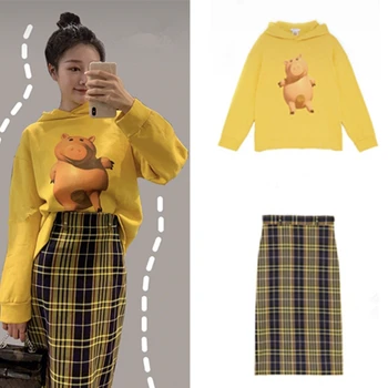

2019 Women's Print Long Sleeve Hoodie + Plaid Straight Skirt